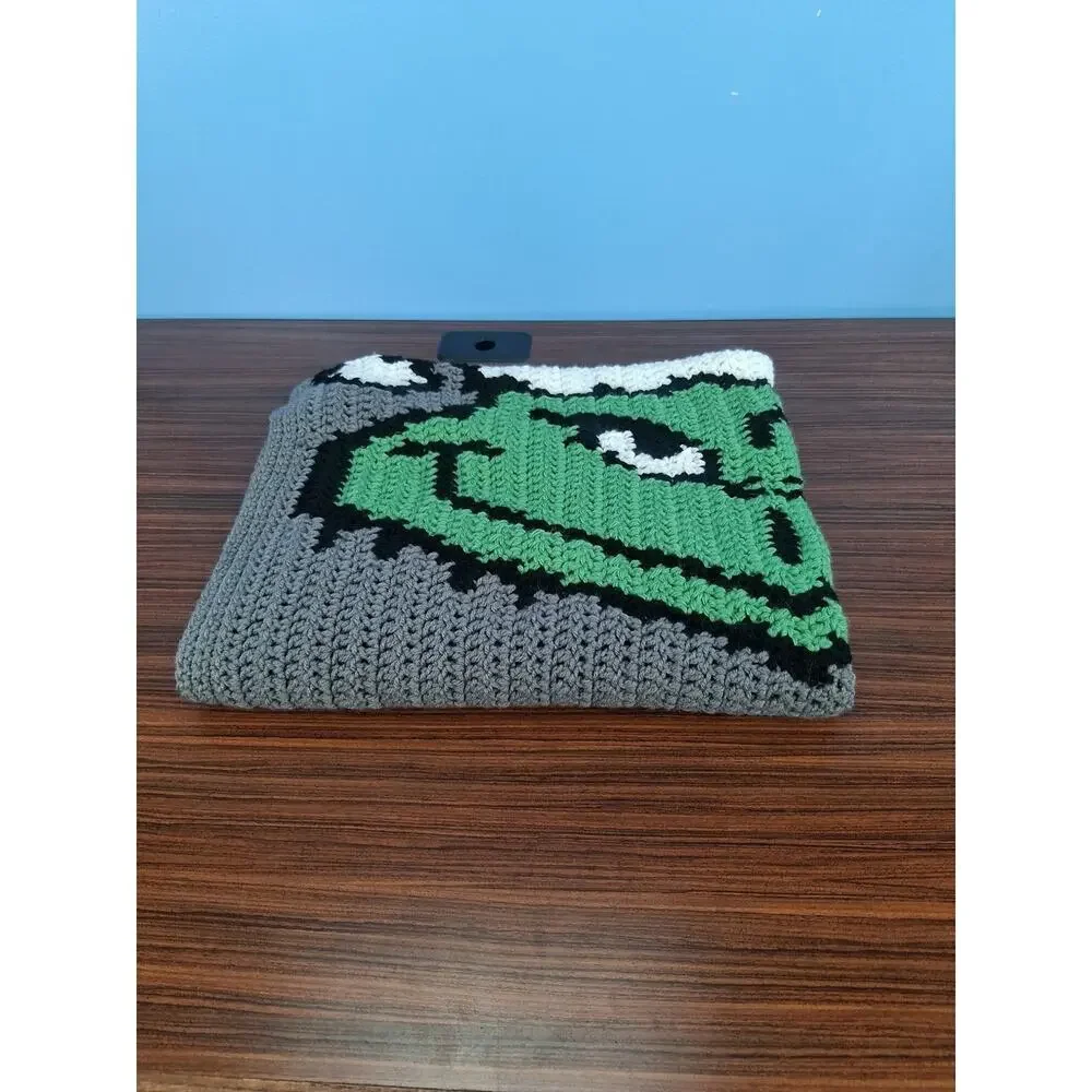 Handmade Crocheted Grinch Blanket 48 × 28 Green Grey Christmas Playful Winter